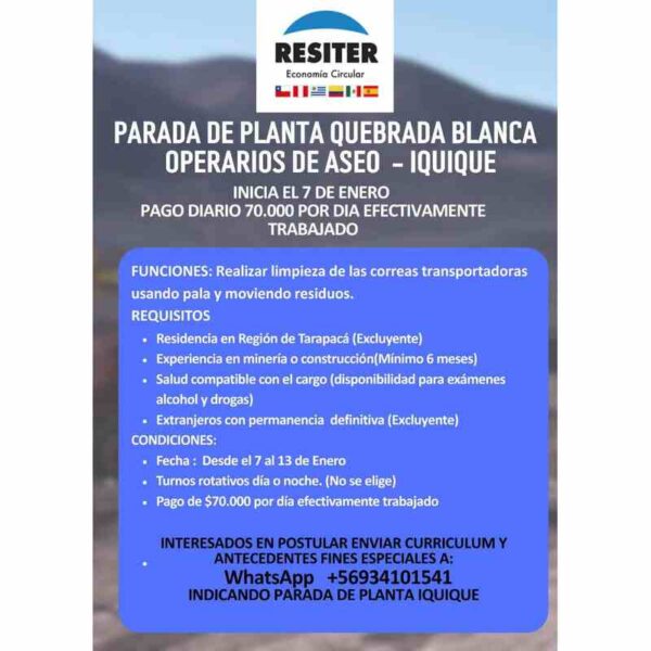 Operarios de aseo - Parada de planta Quebrada Blanca, Iquique
