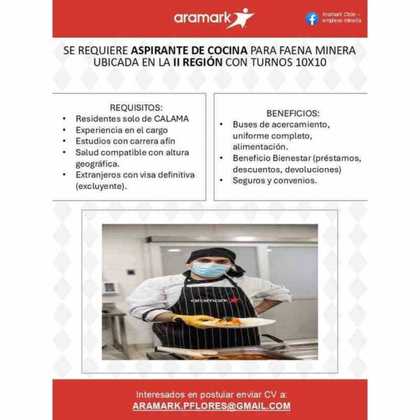 Aspirante de cocina para faena minera - Turnos 10x10, II Región