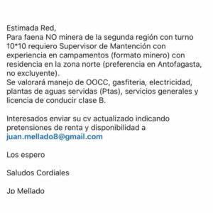 Supervisor de Mantención - faena NO minera, 2ª región