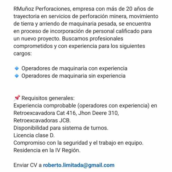 Operadores de maquinaria con experiencia e identidad – RMuñoz Perforaciones