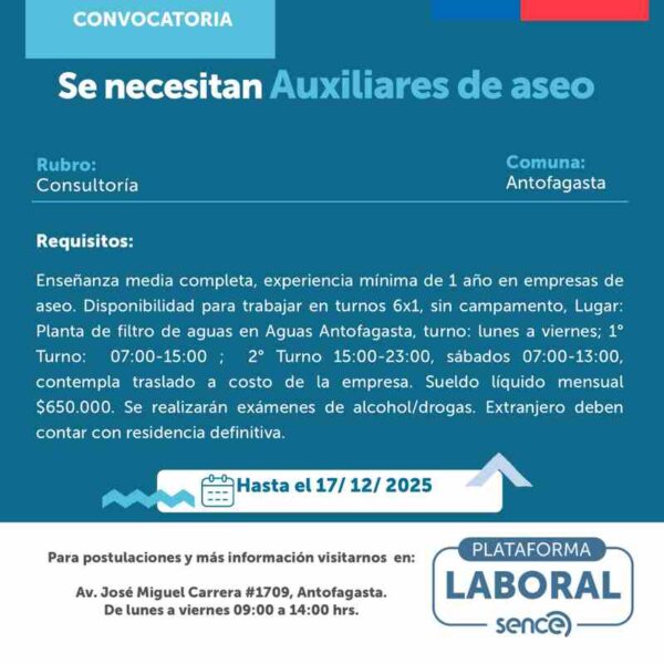 Convocatoria: Auxiliares de aseo en Antofagasta