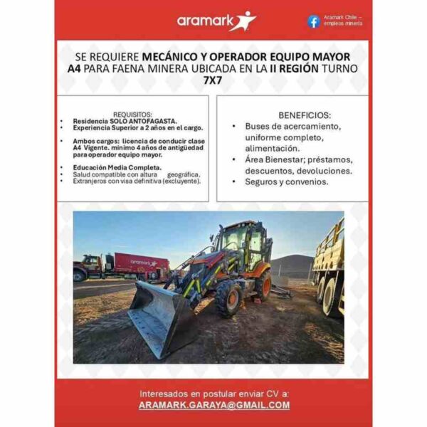 Mecánico y Operador de Equipo Mayor A4 para faena minera – Turno 7x7 (II Región)