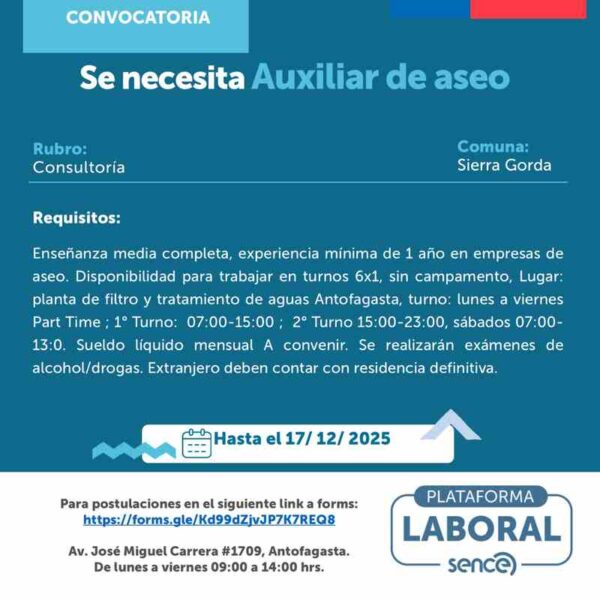 Auxiliar de aseo - Antofagasta, turnos 6x1