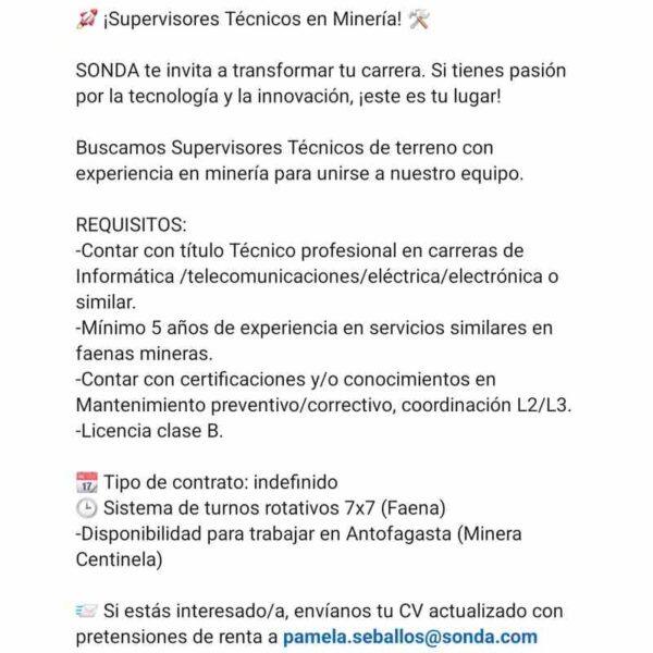 Supervisores Técnicos de Terreno en Minería