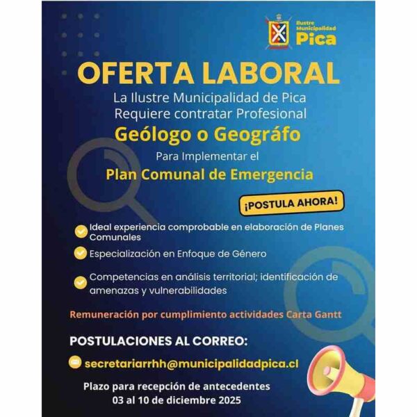 Geólogo o Geógrafo para Plan Comunal de Emergencia – Pica