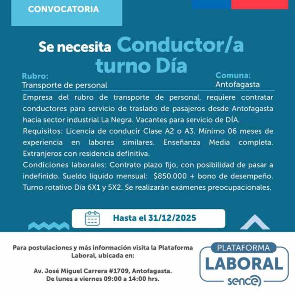 Conductor/a turno Día – Transporte de personal (Antofagasta)
