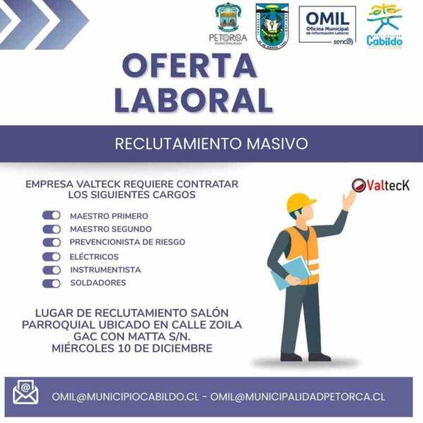Oferta laboral masiva - Maestros y técnicos (Valteck)