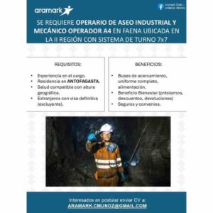 Operario de Aseo Industrial y Mecánico Operador A4 – Faena II Región (7x7)