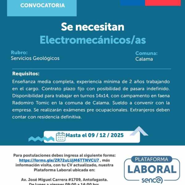 Electromecánicos/as para Calama - faena minera