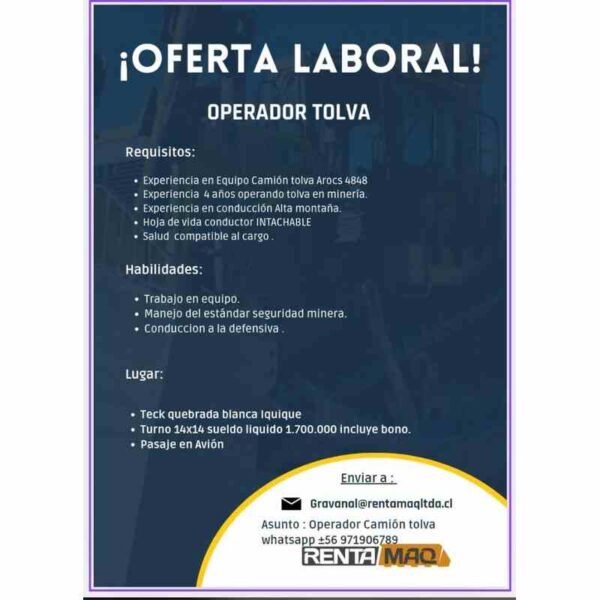 Oferta laboral: Operador Tolva
