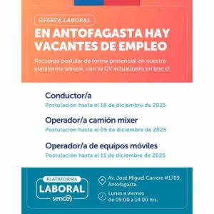 Conductor/a, Operador/a camión mixer y Operador/a de equipos móviles - Vacantes en Antofagasta