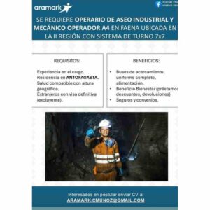 Operario de aseo industrial y mecánico operador en faena – II Región