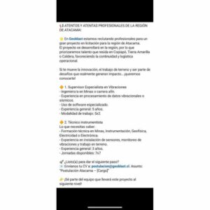Geoblast busca profesionales para proyecto en Atacama: Supervisor de Vibraciones y Técnico Instrumentista
