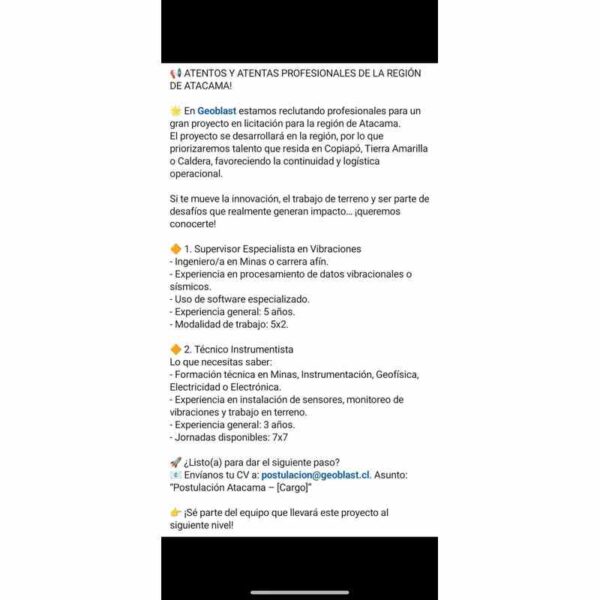 Geoblast busca profesionales para proyecto en Atacama: Supervisor de Vibraciones y Técnico Instrumentista