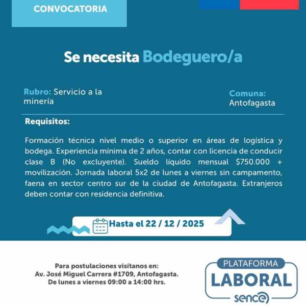 Se necesita Bodeguero/a – Minería (Antofagasta)