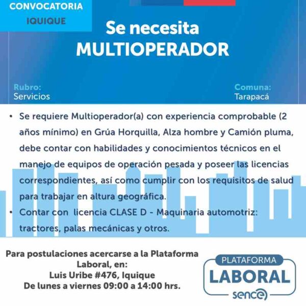 Se necesita Multioperador(a) con experiencia en Iquique