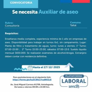 Auxiliar de aseo - Turnos 6x1 en planta de aguas, Taltal