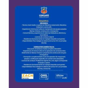 Requisitos para Mecánico y Conductor Camión Tolva – Copiapó Municipalidad