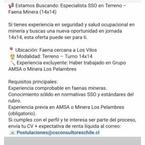 Especialista SSO en Terreno – Faena Minera (14x14)