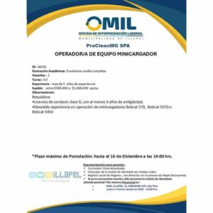 Operador/a de equipo minicargador – OMIL Illapel