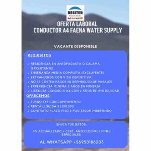 Oferta laboral: Conductor A4 faena water supply