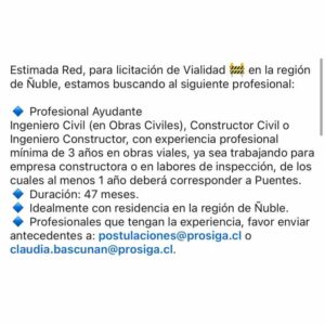 Profesional Ayudante Ingeniero Civil para licitación vial en Ñuble