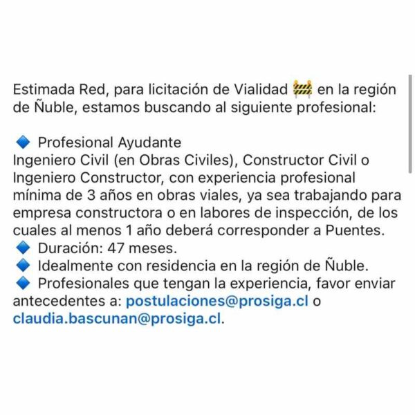 Profesional Ayudante Ingeniero Civil para licitación vial en Ñuble