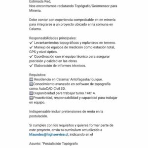 Postulación Topógrafo/Geomensor - Minería en Calama