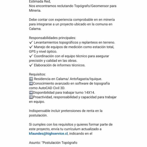Postulación Topógrafo/Geomensor - Minería en Calama