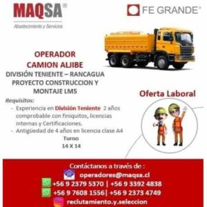 Operador Camión Aljibe – División Teniente, Rancagua