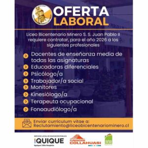 Oferta laboral - Liceo Bicentenario Minero S.S. Juan Pablo II