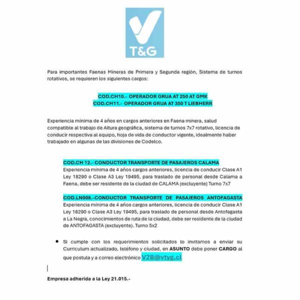 Cargos para faenas mineras