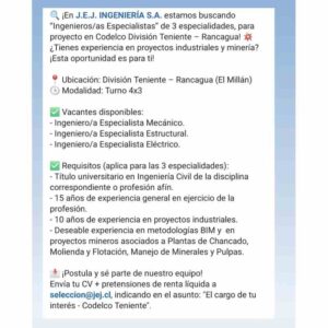 Ingenieros/as Especialistas para División Teniente (Rancagua) – J.E.J. Ingeniería S.A.
