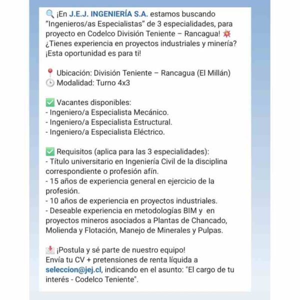 Ingenieros/as Especialistas para División Teniente (Rancagua) – J.E.J. Ingeniería S.A.