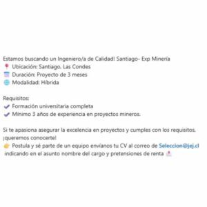 Ingeniero/a de Calidad - Proyecto Minero en Santiago
