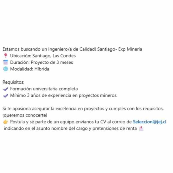 Ingeniero/a de Calidad - Proyecto Minero en Santiago