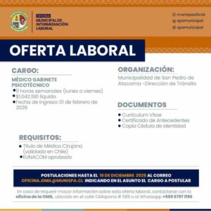 Médico Cirujano – Gabinete Psicotécnico (11 h/sem) – OMIL San Pedro de Atacama