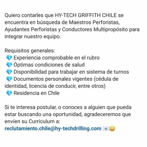 HY-TECH GRIFFITH CHILE busca Maestros Perforistas, Ayudantes Perforistas y Conductores Multpropósito