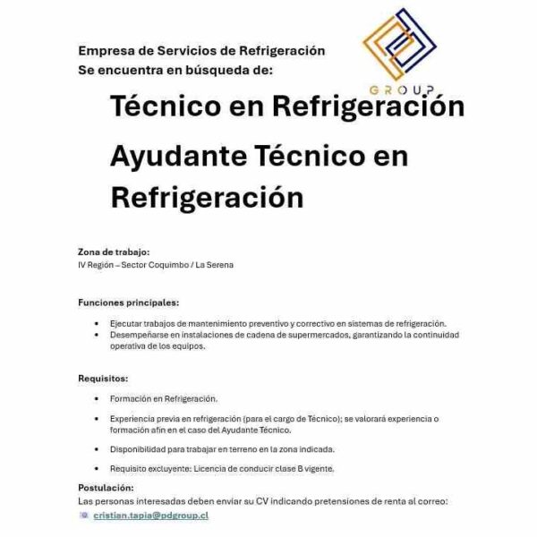 Técnico en Refrigeración / Ayudante Técnico en Refrigeración