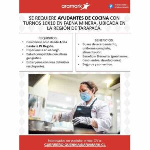 Ayudantes de cocina para faena minera - Turnos 10x10, Región de Tarapacá