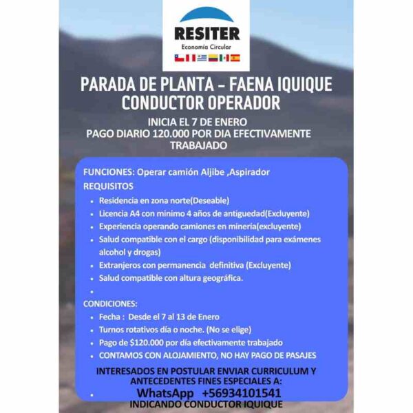 Conductor/Operador – Faena Iquique