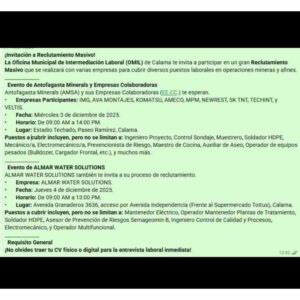 Invitación a Reclutamiento Masivo – Calama (Antofagasta Minerals y ALMAR WATER SOLUTIONS)