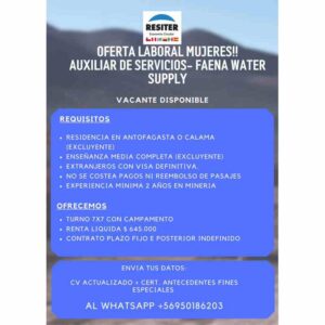 Oferta laboral mujeres: Auxiliar de Servicios - Faena Water Supply