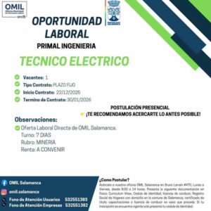 Técnico eléctrico – Vacante en Primal Ingeniería (Salamanca)
