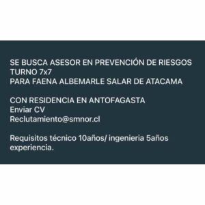 Asesor en Prevención de Riesgos - Turno 7x7 en Albemarle, Salar de Atacama