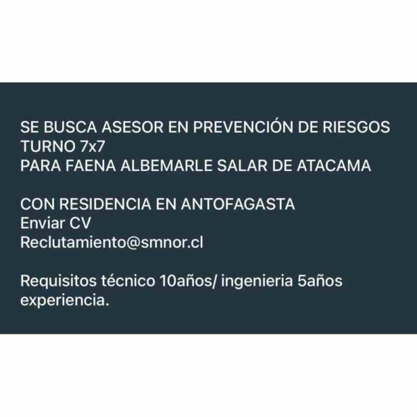 Asesor en Prevención de Riesgos - Turno 7x7 en Albemarle, Salar de Atacama
