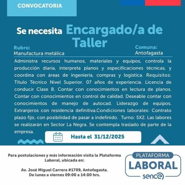 Encargado/a de Taller - Manufactura Metálica, Antofagasta