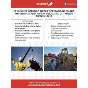 Operarios Rigger y Operario de Equipo Mayor – Faena minera (Calama)