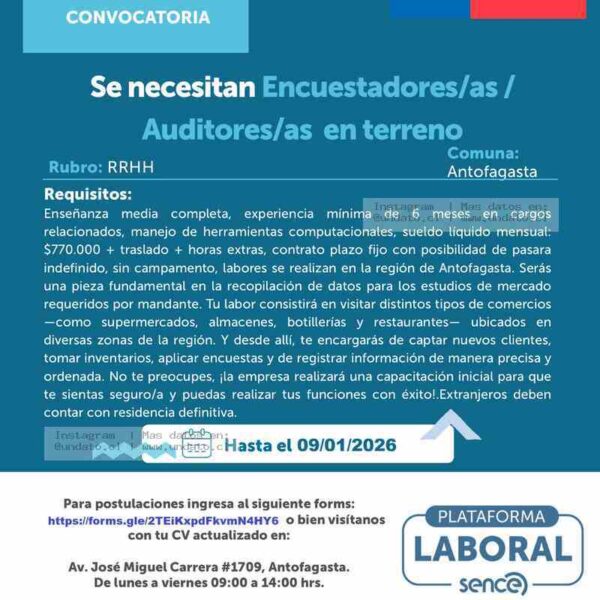Se Buscan Encuestadores y Auditores en Terreno – Antofagasta RRHH