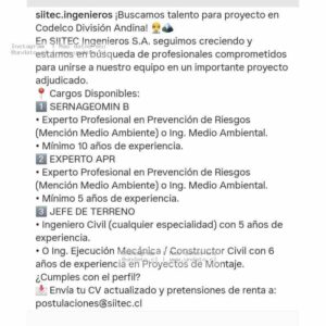 Codelco Andina: Vacantes SIITEC Ingenieros